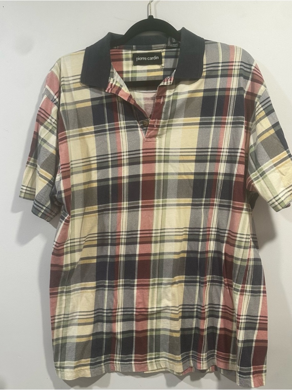Vintage Pierre Cardin Short-Sleeve Plaid Polo in Navy, Red, Cream 100% cotton M